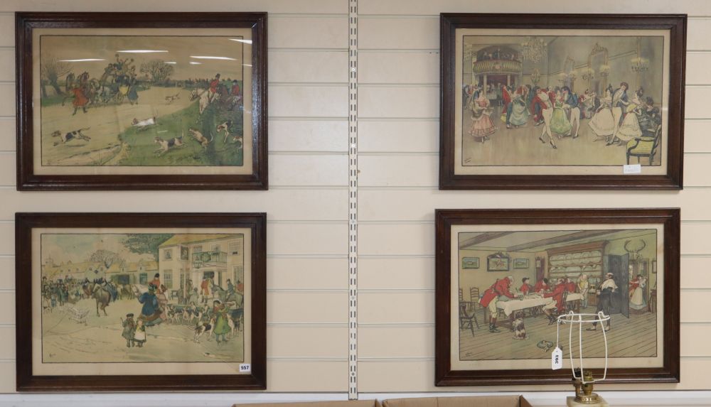 Albert Ludovici (1884-1923), set of four chromolithographs, Coaching, Hunting and Ballroom scenes, signed in pencil, 42 x 62.5cm